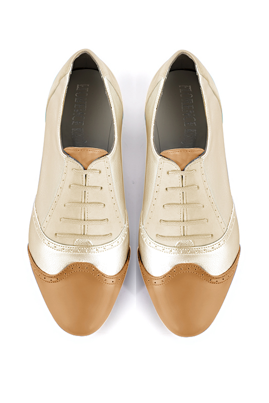 Camel beige and gold women's fashion lace-up shoes.. Top view - Florence KOOIJMAN
